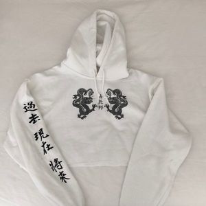 Urban Outfitters Cropped White Hoodie Black Dragon
